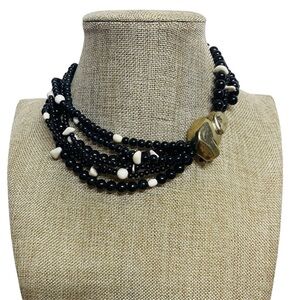 VTG Black & White Multi-Strand Torsade-Style Necklace Brass-Tone Monkey Clasp